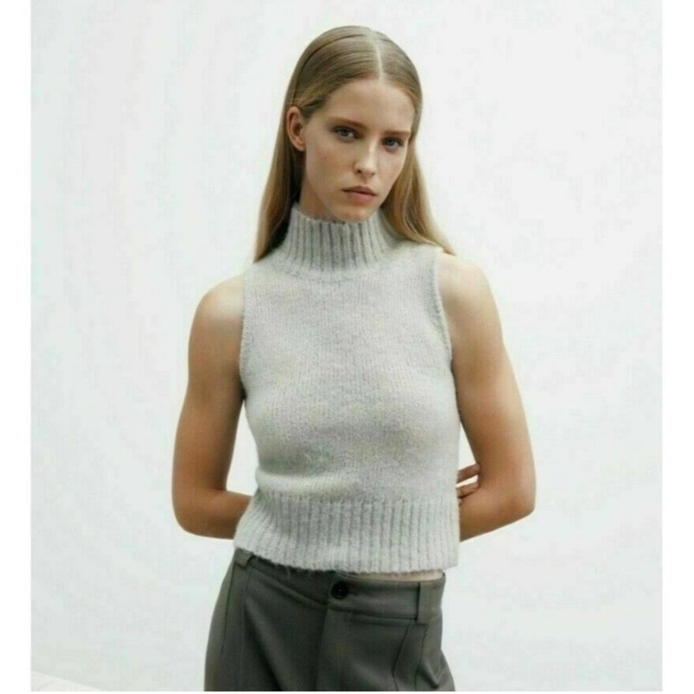 Zara Gray Alpaca & Wool Blend Sleeveless Turtleneck Sweater Size Large